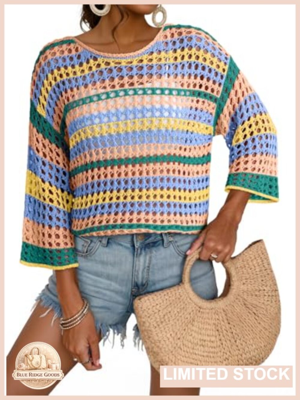 Crochet Sweater 3/4 Sleeve Striped Color Block Hollow Out Coverup